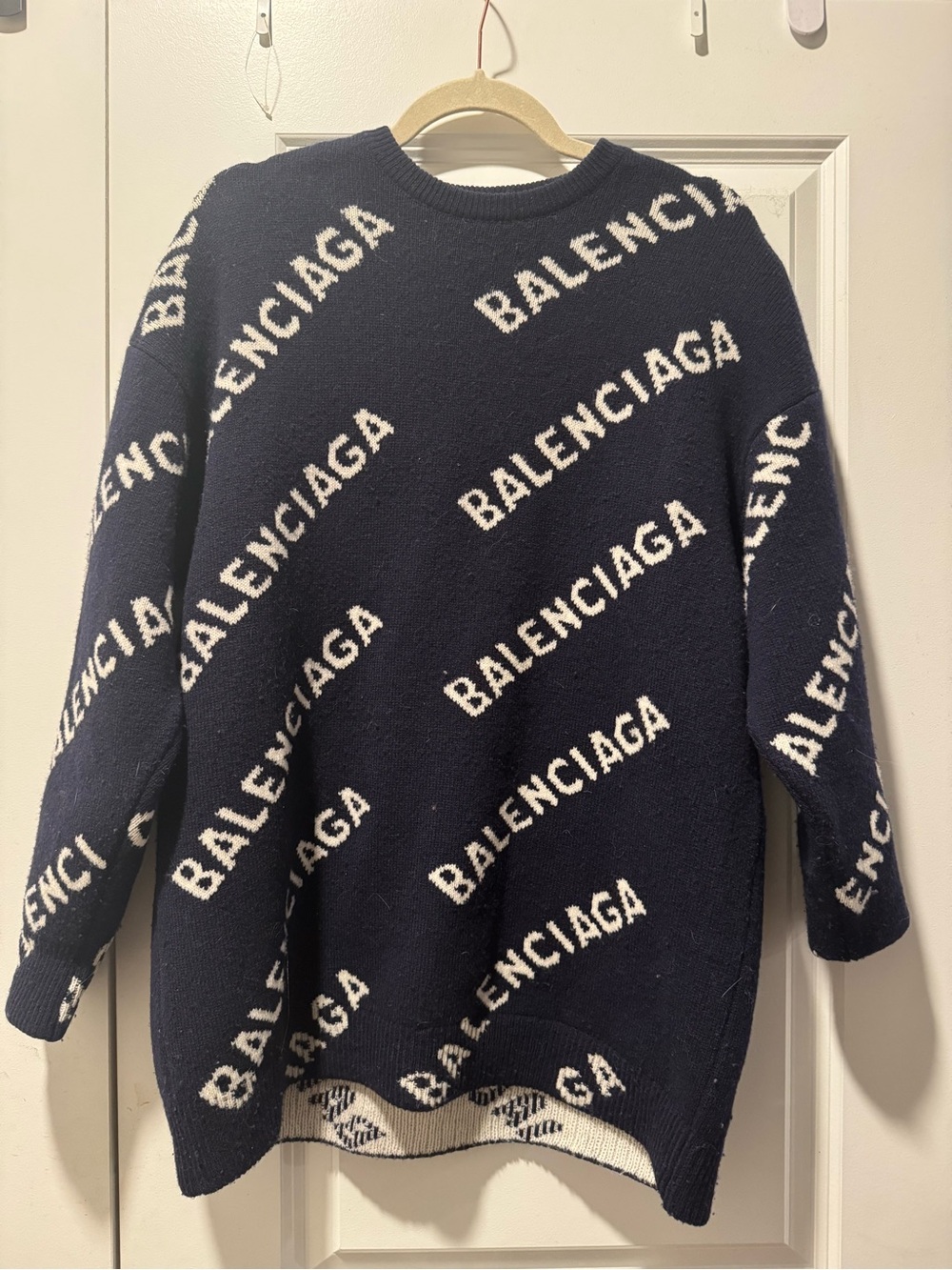 Balenciaga Navy and White Knit Logo Sweater